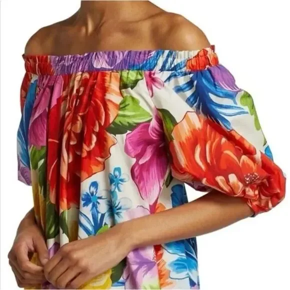 NEW FARM Rio Rainbow Chita Off Shoulder Maxi Dress Puff Sleeve Pink Floral L/XL - Picture 4 of 16